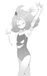  &gt;_&lt; acerola_(pokemon) arm_up armlet armpits arms_up bare_arms blush breasts cleavage closed_eyes cowboy_shot elite_four flipped_hair gen_1_pokemon gengar greyscale hair_ornament monochrome ookamiuo pokemon pokemon_(game) pokemon_sm short_hair simple_background small_breasts smile solo strapless stretch swimsuit trial_captain wavy_mouth white_background 