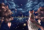  bow brown_hair cloud detached_sleeves from_behind hair_bow hakurei_reimu hatey_hatety highres lantern long_hair night outdoors paper_lantern red_bow red_shirt ribbon-trimmed_sleeves ribbon_trim scenery shirt solo touhou tree 