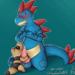  2017 asbel_lhant balls blush bodyjob feraligatr grin knot leaking lizard male male/male masturbation nintendo penis penis_hug pok&eacute;mon pok&eacute;mon_(species) precum reptile sandile scalie shy simple_background size_difference small_dom_big_sub smile spikes tapering_penis video_games 