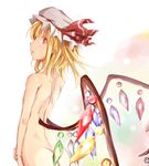  ass back blonde_hair commentary_request flandre_scarlet from_behind hat hat_ribbon long_hair looking_at_viewer nude profile red_eyes red_ribbon ribbon solo tamasan touhou white_background white_hat wings 