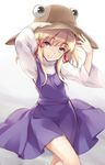  blonde_hair brown_hat closed_mouth gradient gradient_background hair_ribbon hands_up hat head_tilt highres looking_at_viewer moriya_suwako purple_skirt red_ribbon ribbon sidelocks sketch skirt skirt_set smile solo touhou tress_ribbon usotsuki_penta white_background wide_sleeves yellow_eyes 