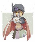  attacking_viewer belt brown_hair cape frown hair_between_eyes helmet horned_helmet looking_at_viewer made_in_abyss male_focus mechanical_arms navel pants red_cape regu_(made_in_abyss) short_eyebrows slit_pupils solo standing yellow_eyes yue_(kingdom1259) 