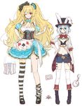  alice_(wonderland) alice_(wonderland)_(cosplay) alice_in_wonderland animal_ears anne_bonny_(fate/grand_order) blonde_hair blue_eyes blush breasts bunny_ears chocoan cleavage cosplay fate/grand_order fate_(series) gloves hat large_breasts long_hair looking_at_viewer mary_read_(fate/grand_order) midriff multiple_girls one_eye_closed playing_card_theme red_eyes scar short_hair silver_hair smile top_hat twintails very_long_hair white_rabbit white_rabbit_(cosplay) 