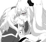  anne_bonny_(fate/grand_order) fate/grand_order fate_(series) french_kiss gloves hairband hand_on_another's_chin kagosumi kiss mary_read_(fate/grand_order) monochrome multiple_girls red_eyes scar scrunchie skull spot_color tongue upper_body white_background yuri 