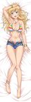  :d anklet arm_up armpits bangle bangs bare_arms bare_legs bare_shoulders barefoot bed_sheet belt belt_buckle bikini bikini_under_clothes blonde_hair blue_eyes blue_shorts blush bracelet breasts buckle cleavage commentary_request dakimakura denim denim_shorts eyebrows_visible_through_hair from_above front-tie_bikini front-tie_top full_body hand_on_own_head highres idolmaster idolmaster_cinderella_girls jewelry large_breasts long_hair looking_at_viewer lying multicolored multicolored_bikini multicolored_clothes nail_polish navel necklace nigou on_back ootsuki_yui open_fly open_mouth pink_nails ribbon short_shorts shorts smile solo star stomach swimsuit thigh_gap toenail_polish unbuckled_belt wavy_hair white_ribbon 