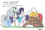  2017 ? blue_hair bobthedalek clothing crayon cutie_mark dialogue equine female friendship_is_magic grass hair horn leaves male mammal multicolored_hair my_little_pony open_mouth orange_hair rake scarf starlight_glimmer_(mlp) sunburst_(mlp) text traditional_media_(artwork) trixie_(mlp) unconscious unicorn upside_down 