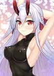  armpits arms_up blush breasts closed_mouth commentary_request covered_nipples fate/grand_order fate_(series) hair_between_eyes hair_ribbon headband highres horns long_hair looking_at_viewer medium_breasts oni_horns red_eyes ribbon sideboob silver_hair sleeveless sleeveless_turtleneck smile solo sunday_se7en tomoe_gozen_(fate/grand_order) turtleneck upper_body 