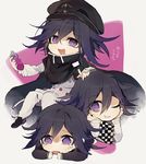  cape checkered checkered_scarf danganronpa fanta hand_on_another's_head hands_on_own_cheeks hands_on_own_face hat multiple_boys new_danganronpa_v3 open_mouth ouma_kokichi peaked_cap purple_eyes purple_hair scarf smile straitjacket suke_(mo8460) 