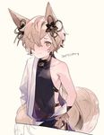  animal_ears arms_behind_back backless_outfit blush brown_eyes collar erune fox_ears fox_tail granblue_fantasy hair_ornament kou_(granblue_fantasy) long_hair looking_up male_focus tail yuuhi_homare 