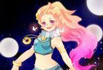  armlet axshenglzro bare_shoulders bracelet breasts bug butterfly commentary_request crop_top fang gradient_hair highres insect jewelry league_of_legends long_hair midriff multicolored_hair navel necklace purple_eyes shorts small_breasts smile solo sparkle sphere star starry_background turtleneck zoe_(league_of_legends) 