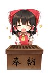  :d ^_^ ascot black_hair bow box chibi closed_eyes detached_sleeves donation_box hair_bow hair_tubes hakurei_reimu long_hair open_mouth red_bow ribbon-trimmed_sleeves ribbon_trim shinoba simple_background smile solo sparkle touhou translated upper_body vest white_background 