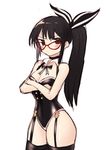  absurdres bangs bare_arms bare_shoulders black_eyes black_hair black_legwear black_leotard black_neckwear blush bow breasts choker cleavage closed_mouth cowboy_shot crossed_arms detached_collar eyebrows_visible_through_hair frown garter_straps glasses hair_bow highres leotard looking_at_viewer medium_breasts ponytail red-framed_eyewear simple_background skirt solo sookmo suspender_skirt suspenders thighhighs white_background wing_collar 