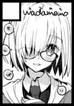  blush commentary_request eyebrows_visible_through_hair fate/grand_order fate_(series) fingernails glasses greyscale hair_over_one_eye hand_on_own_chest head_tilt hood hoodie looking_at_viewer mash_kyrielight monochrome necktie short_hair sleeves_past_wrists solo upper_body wada_aruko wing_collar 