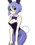  animal_ears bangs bare_arms bare_shoulders blue_eyes blue_hair blue_legwear blue_leotard blue_neckwear blush bow bowtie breasts bunny_ears bunny_girl bunnysuit cleavage cowboy_shot detached_collar eyebrows_visible_through_hair glasses leotard looking_at_viewer medium_breasts original pantyhose parted_lips short_hair simple_background solo sookmo standing white_background wing_collar 