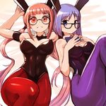  animal_ears armband bangs bare_arms bare_shoulders black_leotard blush breasts bunny_ears bunny_girl bunnysuit eyebrows_visible_through_hair fake_animal_ears feet_out_of_frame glasses leotard long_hair looking_at_viewer low_twintails lying medium_breasts multiple_girls on_back original parted_lips purple_legwear red_eyes red_legwear short_hair smile sookmo twintails very_long_hair 