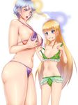  age_difference animal_print areola_slip areolae bear_print bikini bikini_lift blonde_hair blue_eyes blush breast_envy breasts clenched_teeth covered_nipples green_bikini height_difference highres large_breasts long_hair multiple_girls navel nipples open_mouth personality_switch purple_bikini purple_eyes riichi_(rouchi) self_fondle short_hair silver_hair simple_background small_breasts sweatdrop swimsuit teeth very_long_hair white_background 