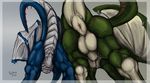  2015 absurd_res animal_genitalia anus backsack balls blue_skin digital_media_(artwork) dragon duo faceless_male feral folded_wings fully_sheathed genital_slit green_skin grey_background hi_res male membranous_wings pattarchus precum raised_tail rear_view scales scalie sheath signature simple_background slit smaller_version_at_source spikes standing thick_thighs tochka tochka_(character) transparent_border western_dragon white_balls white_scales white_skin wings 