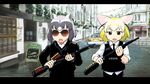  animal_ears aviator_sunglasses blonde_hair brown_eyes check_commentary chromatic_aberration commentary commentary_request common_raccoon_(kemono_friends) crossover fennec_(kemono_friends) fox_ears grey_hair gun hot_fuzz jitome kemono_friends letterboxed movie_reference multicolored_hair multiple_girls parody raccoon_ears short_hair shotgun sunglasses ueyama_michirou weapon 