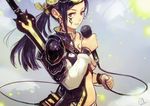  absurdres asymmetrical_clothes bikini black_hair brown_eyes earrings facial_tattoo highres jewelry long_hair looking_at_viewer microphone neck_tattoo okuto original ponytail solo standing swimsuit sword tattoo warrior weapon 