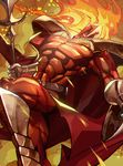  abs belt cape dutch_angle fate/grand_order fate_(series) fire gauntlets helmet highres lance leonidas_(fate/grand_order) male_focus marimoppoi muscle polearm shin_guards solo weapon 