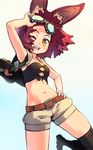  :d animal_ears armpits bare_arms bare_shoulders belt blue_background cape goggles goggles_on_head gradient gradient_background grey_shorts hand_on_hip hand_up hound_(sekaiju) looking_at_viewer midriff navel one_eye_closed open_mouth orange_eyes red_hair reiesu_(reis) sekaiju_no_meikyuu sekaiju_no_meikyuu_5 shorts smile solo standing standing_on_one_leg strapless thighhighs tubetop 