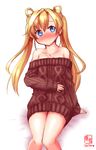  abukuma_(kantai_collection) alternate_costume aran_sweater arm_support bed_sheet blonde_hair blue_eyes blush casual collarbone commentary_request contemporary double_bun dress highres kanon_(kurogane_knights) kantai_collection long_hair looking_at_viewer off-shoulder_sweater simple_background sitting sketch smile solo sweater sweater_dress white_background 
