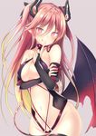  bare_shoulders black_gloves bluesy_requiem blush breasts bridal_gauntlets cleavage collar crossed_arms demon_girl demon_horns demon_tail demon_wings elbow_gloves finger_to_mouth full-face_blush gloves headgear heart heart-shaped_pupils highres horns long_hair looking_at_viewer medium_breasts multicolored_hair navel open_mouth phantasy_star phantasy_star_online_2 pink_hair pointy_ears red_eyes revealing_clothes simple_background smile solo string_panties symbol-shaped_pupils tail thighhighs tongue tongue_out twintails wings yuano 