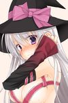  ayachi_nene blush bow breasts detached_sleeves hat highres long_hair looking_at_viewer makochan42 medium_breasts purple_eyes ribbon sanoba_witch sideboob silver_hair solo witch_hat 