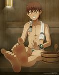  00s 1boy barefoot ben_10 benjamin_kirby_tennyson blush brown_hair clenched_teeth feet green_eyes male_focus nipples pov_feet sauna shota steam sweat towel underwear watch yunomi_(artist) 