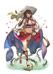  armlet bare_shoulders between_breasts bikini bracelet breasts brown_hair choker flower frilled_bikini frills granblue_fantasy grin groin hat hat_ribbon highres jewelry kakage long_hair looking_at_viewer nail_polish navel no_socks petals plant purple_eyes ribbon rose rosetta_(granblue_fantasy) sarong sarong_lift simple_background smile solo sun_hat swimsuit thigh_strap vines white_background 