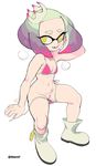  +_+ 1girl bikini boots bottomless brekkist crown domino_mask eyebrows eyelashes fang flat_chest hime_(splatoon) inkling looking_at_viewer open_mouth pussy short_hair simple_background sitting splatoon splatoon_2 tentacle_hair white_background white_hair yellow_eyes 