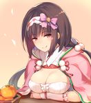  bangs black_hair blush bow breasts c: cleavage commentary_request eyebrows_visible_through_hair fate/grand_order fate_(series) food frills fruit hair_bobbles hair_bow hair_ornament hairband half-closed_eyes hinooka_shuuji hood hood_down japanese_clothes large_breasts long_hair looking_at_viewer low_twintails mandarin_orange osakabe-hime_(fate/grand_order) pink_bow purple_eyes revision ribbon_trim sidelocks smile solo twintails upper_body 