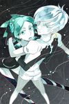  androgynous antarcticite black_gloves black_shorts elbow_gloves gem_uniform_(houseki_no_kuni) gloves green_eyes green_hair houseki_no_kuni hug kinrui_(orangestars_9) multiple_others phosphophyllite short_hair short_sleeves shorts spoilers uniform white_eyes white_hair 