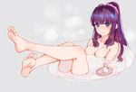  ahoge bangs barefoot bathing blue_eyes blunt_bangs bottle breasts cleavage closed_mouth eyebrows_visible_through_hair feet grey_background highres large_breasts legs_up looking_at_viewer mole mole_on_breast new_game! nude onsen partially_submerged ponytail purple_hair revision sake_bottle sidelocks simple_background soles solo steam takimoto_hifumi toenails toes tokkuri tray wavy_mouth wet xiaoshou_xiansheng 
