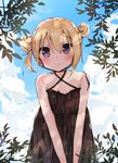  bangs bare_arms bare_shoulders black_dress blonde_hair blue_eyes blue_sky cloud cloudy_sky commentary_request criss-cross_halter day double_bun dress eyebrows_visible_through_hair hair_between_eyes halterneck head_tilt looking_at_viewer original outdoors sky sleeveless sleeveless_dress solo tia-chan uchuuneko v_arms 