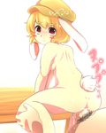  1girl absurdres akatsuki_no_guuru animal_ears anus ass back bangs bar_censor blonde_hair blush_stickers breasts bunny_ears bunny_tail censored commentary_request eyebrows_visible_through_hair floppy_ears hat hetero highres looking_at_viewer looking_back male_pubic_hair nude penis pubic_hair red_eyes ringo_(touhou) sex short_hair small_breasts solo_focus tail thick_eyebrows touhou vaginal white_background 