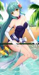 absurdres aqua_hair beach blush breasts cleavage day elbow_gloves fate/grand_order fate_(series) flower gloves hair_flower hair_ornament head_tilt highres horns kiyohime_(fate/grand_order) kiyohime_(swimsuit_lancer)_(fate) kyoukai33 long_hair low-tied_long_hair medium_breasts ocean one-piece_swimsuit palm_tree polearm smile solo strapless strapless_swimsuit swimsuit tree wading weapon white_gloves yellow_eyes 