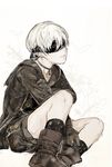  bangs black_legwear blindfold boots brown_footwear brown_gloves choker covered_eyes from_side gloves highres hiranko jacket long_sleeves male_focus nier_(series) nier_automata parted_lips shorts sitting solo white_hair yorha_no._9_type_s 