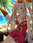  :d blue_eyes blue_sky breasts cleavage collarbone day dress dress_swimsuit el:c eyebrows_visible_through_hair fate/grand_order fate_(series) food fruit hair_ornament holding holding_food long_hair marie_antoinette_(fate/grand_order) marie_antoinette_(swimsuit_caster)_(fate) medium_breasts ocean open_mouth outdoors palm_tree red_dress red_swimsuit short_dress silver_hair sitting sky sleeveless sleeveless_dress smile solo swimsuit tree twintails very_long_hair watermelon 