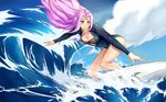  blush breasts cleavage facial_mark fate/grand_order fate_(series) forehead_mark highres large_breasts long_hair nezumi_nezumi ocean purple_eyes purple_hair rider solo surfboard surfing wetsuit 