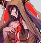  aoki_shizumi bare_shoulders black_hair breasts collarbone demon_pillar_(fate/grand_order) fate_(series) grey_background horns long_hair looking_at_viewer medium_breasts red_eyes sesshouin_kiara sweat trembling upper_body veil yellow_eyes 