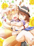  blonde_hair bow brown_hair commentary_request fedora flower hat hat_bow highres hug long_sleeves multiple_girls one_eye_closed open_mouth short_hair sunflower tail tamasan touhou usami_renko white_bow yakumo_ran 