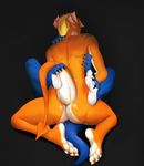  2017 3_toes 4_toes anthro blue_scales butt claws colored dark_background digital_artwork_(media) dragon duo feet foot_focus hair hi_res kneeling legs_up looking_down lying male nude on_back orange_scales plantigrade reptile scales scalie schizy sex shaded simple_background soles sweat toe_claws toes 