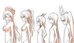  5girls :o angry blush breast_conscious breasts bust_chart character_request chart clam_shell_(ole_tower) dosu female flat_chest from_side frown hair_ornament hair_ribbon half_updo hand_on_hip hat horns lineup long_hair monochrome multiple_girls nipa-ko nipples nude ole_tower open_mouth ponytail ribbon scales shaded_face simple_background small_breasts smile standing twintails upper_body white_background 