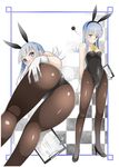 animal_ears ass bangs blue_eyes blue_hair blush bunny_ears bunny_girl bunny_tail bunnysuit commentary_request detached_collar fake_animal_ears full_body gloves hatsukaze_(kantai_collection) highres kantai_collection long_hair looking_at_viewer multiple_views shinonome_yuu tail white_gloves 