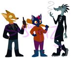  2017 alligator alternate_form anthro baseball_bat bea_(nitw) beer_bottle black_fur boots canine cat cigarette clothed clothing crocodilian cute digital_media_(artwork) fangs feline footwear fox fully_clothed fur green_scales gregg_(nitw) hair happy mae_(nitw) mammal night_in_the_woods open_mouth open_smile red_hair reptile scales scalie simple_background smile sugartits_(artist) watermark white_background yellow_fur 