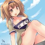  :d blue_sky breasts cleavage cloud cloudy_sky day hairband hirune_(konekonelkk) i-26_(kantai_collection) kantai_collection large_breasts light_brown_eyes light_brown_hair long_hair looking_at_viewer name_tag new_school_swimsuit one-piece_swimsuit open_mouth sailor_collar school_swimsuit short_sleeves sky smile solo swimsuit swimsuit_under_clothes two-tone_hairband two_side_up 