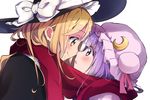  black_hat blonde_hair bow commentary_request crescent eye_contact from_side hat hat_bow highres imminent_kiss kirisame_marisa long_hair looking_at_another mob_cap multiple_girls patchouli_knowledge profile purple_eyes purple_hair purple_hat red_scarf scarf shared_scarf simple_background smile touhou upper_body vanilla_(miotanntann) white_background white_bow witch_hat yellow_eyes yuri 