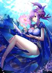  bangs bead_necklace beads bracelet breasts closed_mouth commentary_request earrings fate/grand_order fate_(series) flower folded_ponytail hair_flower hair_ornament hair_ribbon hamada_pochiwo highres impossible_clothes indian_clothes jewelry large_breasts lotus matou_sakura necklace parvati_(fate/grand_order) purple_eyes purple_hair red_ribbon ribbon short_sleeves smile solo thighs underwater 