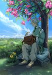  animal_ears bad_id bad_pixiv_id bag baggy_pants black_footwear blue_sky bookbag cat_ears cloud day flower forest_of_pixiv hair_over_one_eye katagiri male_focus outdoors pants papers plant silver_hair sitting sitting_on_rock sky solo tree_shade 